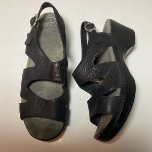 Dansko Black Leather Strappy Wedge Sandals